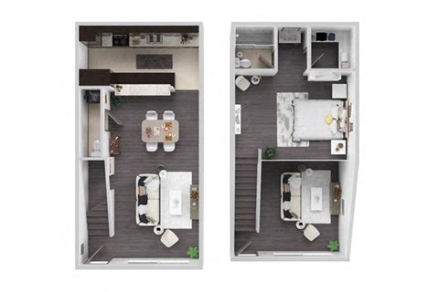 Floor plan for 1 bed, 1.5 baths, 750 sqft