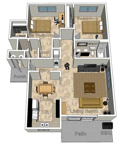 Floor plan for 2 beds, 2 baths, 1010 sqft