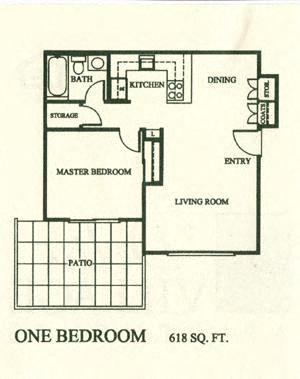 Floor plan for 1 bed, 1 bath, 618 sqft