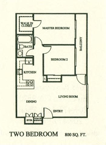 Floor plan for 2 beds, 2 baths, 800 sqft