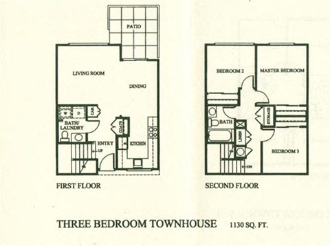 Floor plan for 3 beds, 2 baths, 1130 sqft
