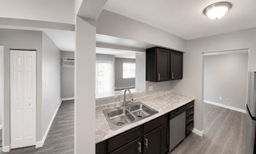 Champaign apartment for rent - A kitchen with a sink and cabinets.