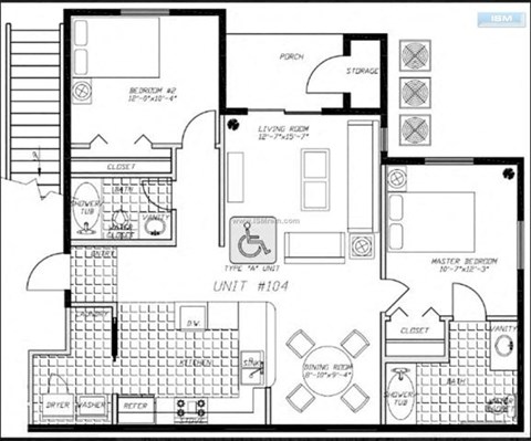 Floor plan for 2 beds, 2 baths, 1041 sqft