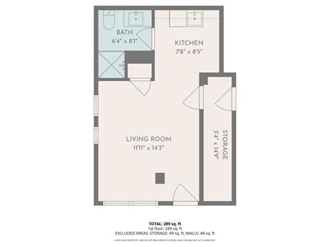 Floor plan for studio, 1 bath, 295 sqft