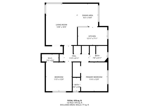 Floor plan for 2 beds, 1.5 baths