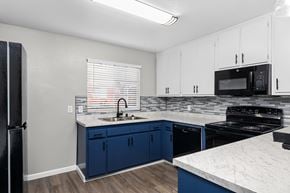 San Francisco apartment for rent - A kitchen with blue cabinets and a black refrigerator.