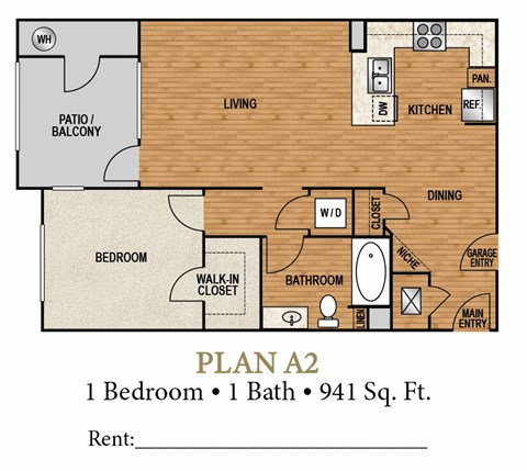 Floor plan for 1 bed, 1 bath, 941 sqft
