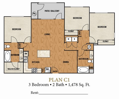 Floor plan for 3 beds, 2 baths, 1478 sqft