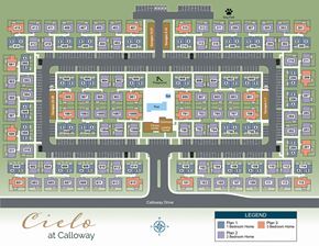 Bakersfield apartment for rent - A map of the Cielo at Calloway residential complex, showing the layout of the buildings and rooms.
