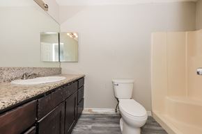 Indio house for rent - A white toilet sits in a bathroom next to a sink and a mirror.