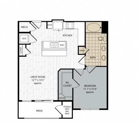 Floor plan for 1 bed, 1 bath, 860 sqft