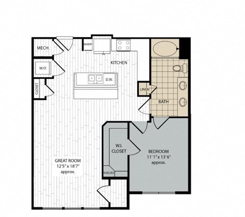 Floor plan for 1 bed, 1 bath, 860 sqft