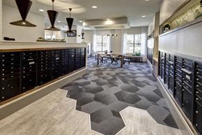 Austin apartment for rent - A modern kitchen with black cabinets and a grey hexagonal rug at Arise Riverside Apartments, Austin
