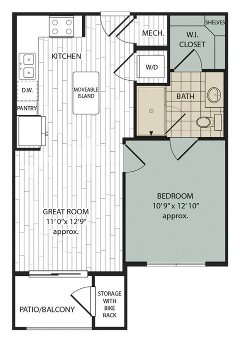Floor plan for 1 bed, 1 bath, 580 sqft