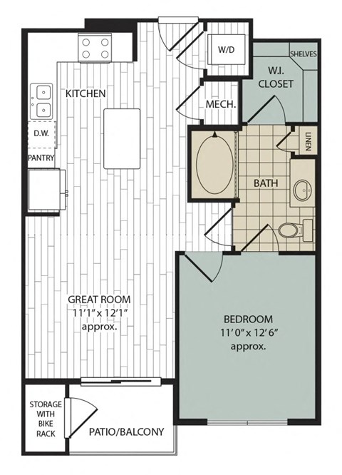 Floor plan for 1 bed, 1 bath, 640 sqft
