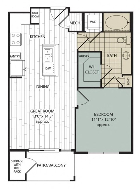 Floor plan for 1 bed, 1 bath, 683 sqft