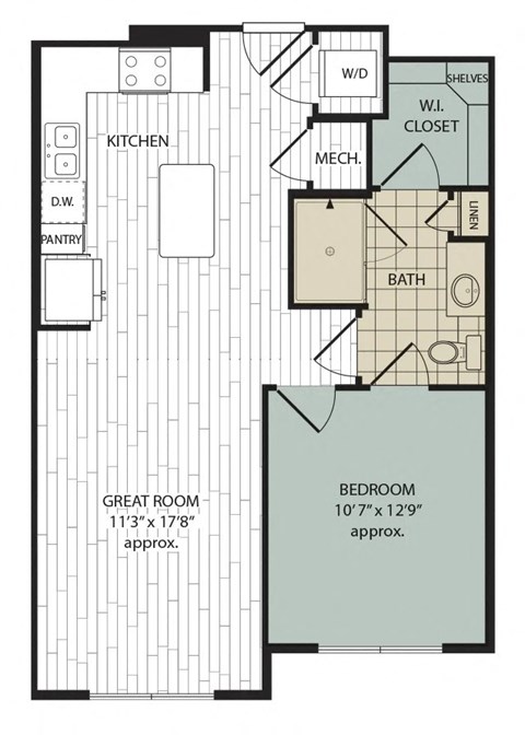 Floor plan for 1 bed, 1 bath, 701 sqft