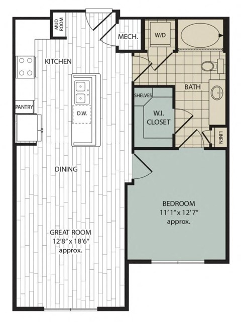 Floor plan for 1 bed, 1 bath, 760 sqft