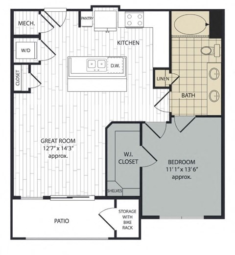 Floor plan for 1 bed, 1 bath, 779 sqft