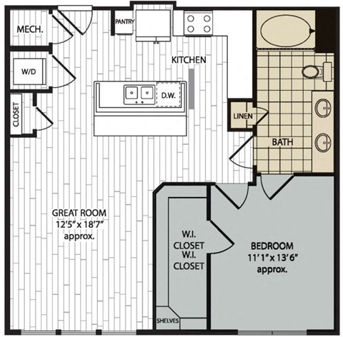 Floor plan for 1 bed, 1 bath, 822 sqft