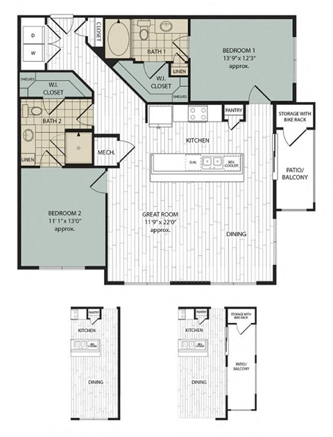 Floor plan for 2 beds, 2 baths, 1197 sqft