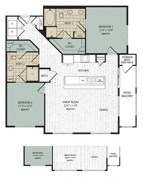 Floor plan for 2 beds, 2 baths, 1272 sqft