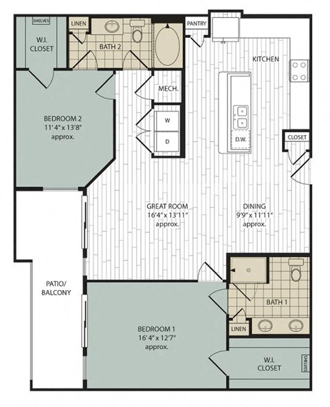 Floor plan for 2 beds, 2 baths, 1276 sqft