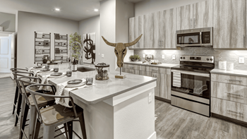 Quartz countertops with tiled backsplashes