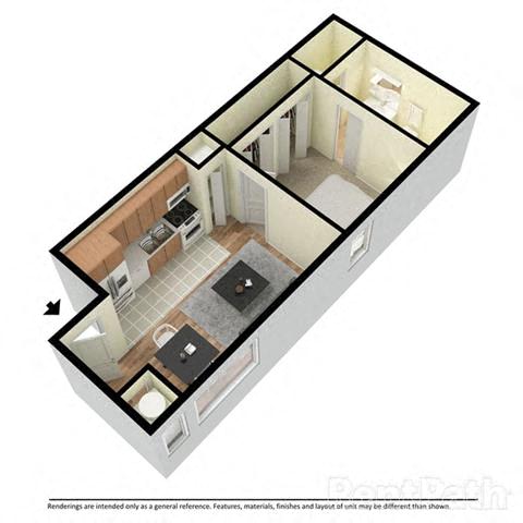 Floor plan for 1 bed, 1 bath, 500 sqft