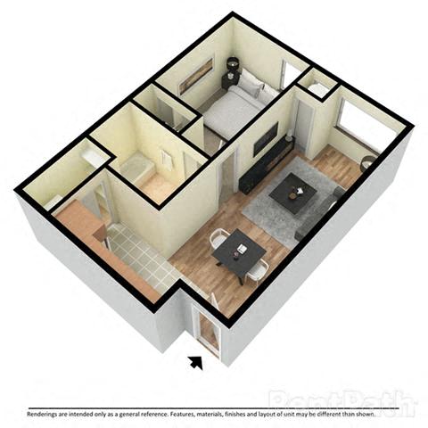Floor plan for 1 bed, 1 bath, 552 sqft