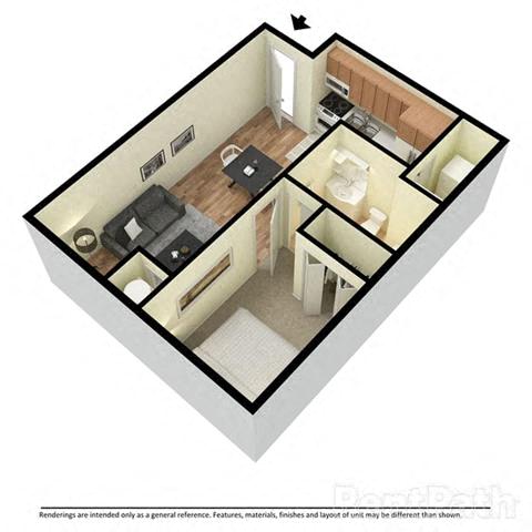 Floor plan for 1 bed, 1 bath, 534 sqft