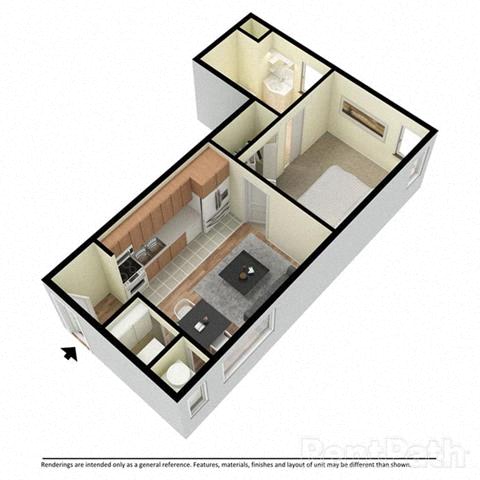 Floor plan for 1 bed, 1 bath, 544 sqft