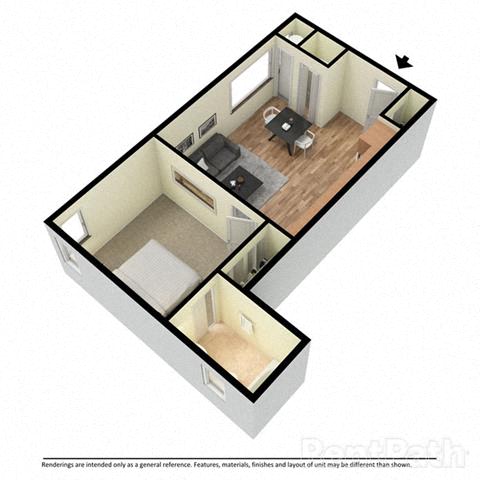 Floor plan for 1 bed, 1 bath, 634 sqft