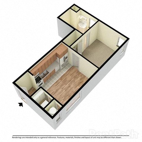 Floor plan for 1 bed, 1 bath, 541 sqft