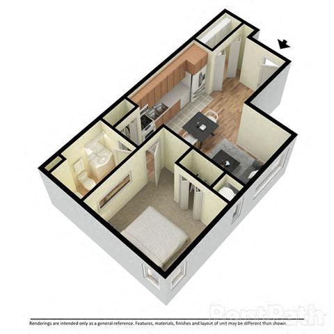 Floor plan for 1 bed, 1 bath, 571 sqft