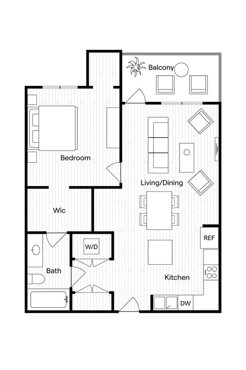 Floor plan for 1 bed, 1 bath, 667 sqft