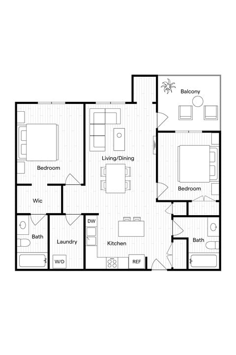 Floor plan for 2 beds, 2 baths, 922 sqft