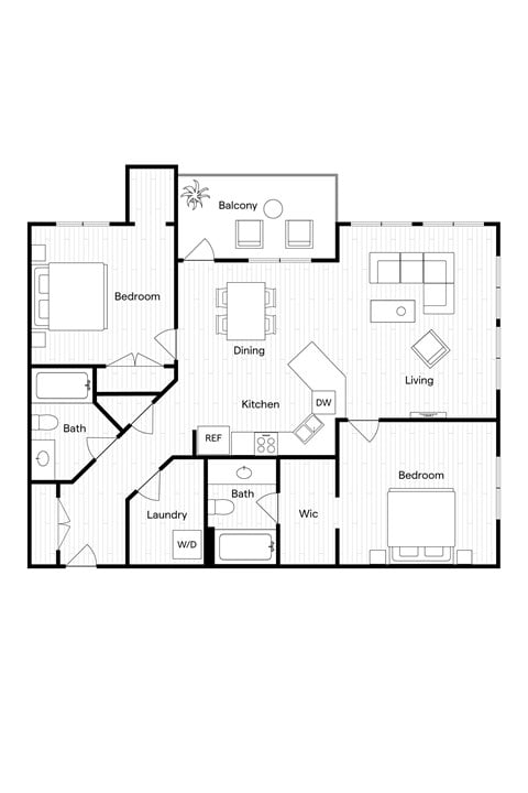 Floor plan for 2 beds, 2 baths, 1045 sqft