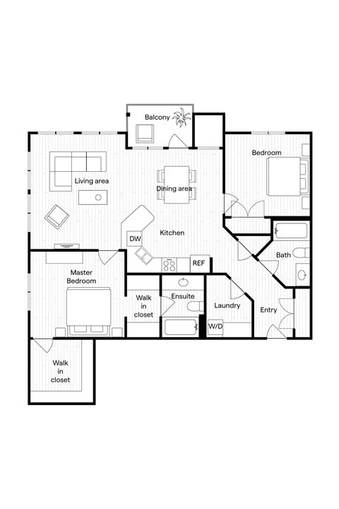 Floor plan for 2 beds, 2 baths, 1117 sqft