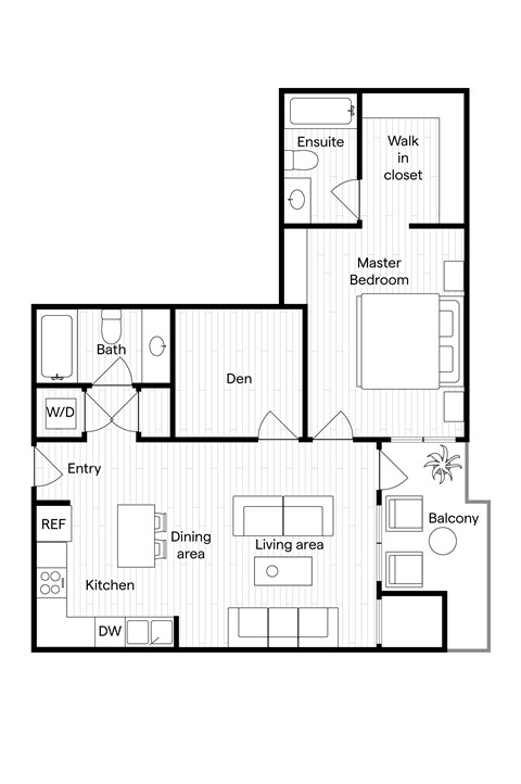 Floor plan for 1 bed, 2 baths, 806 sqft