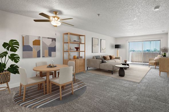 Santa Ana apartment for rent - A living room with a dining table and chairs.