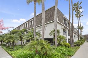 Santa Ana apartment for rent - A building with the words "Washington Terrace" on it is surrounded by palm trees.