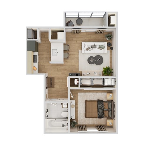 Floor plan for 1 bed, 1 bath, 538 sqft