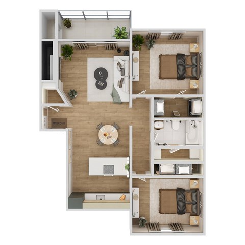 Floor plan for 2 beds, 1 bath, 861 sqft