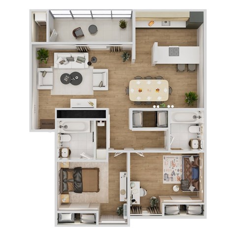 Floor plan for 2 beds, 2 baths, 946 sqft