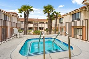 Anaheim apartment for rent - A pool surrounded by palm trees and a building in the background.