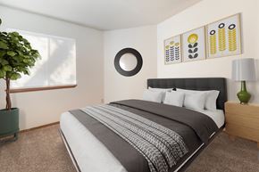 Colorado Springs apartment for rent - A bedroom with a large bed and a green plant.