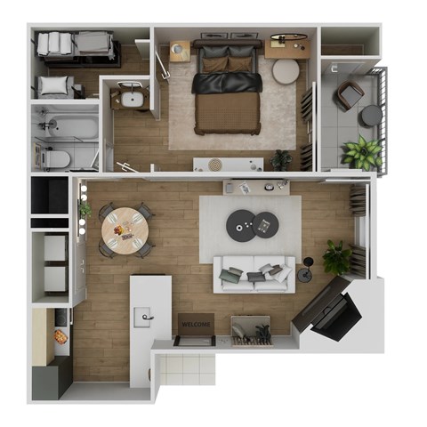 Floor plan for 1 bed, 1 bath, 641 sqft