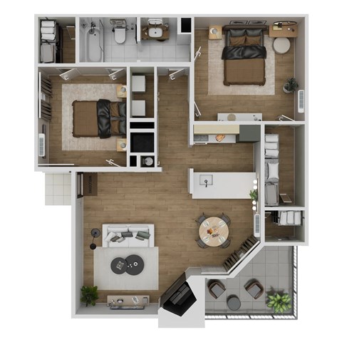 Floor plan for 2 beds, 1 bath, 863 sqft
