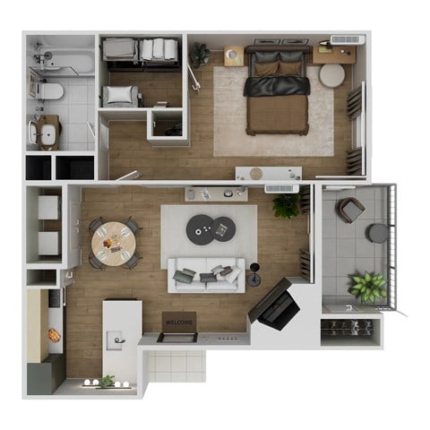 Floor plan for 1 bed, 1 bath, 680 sqft